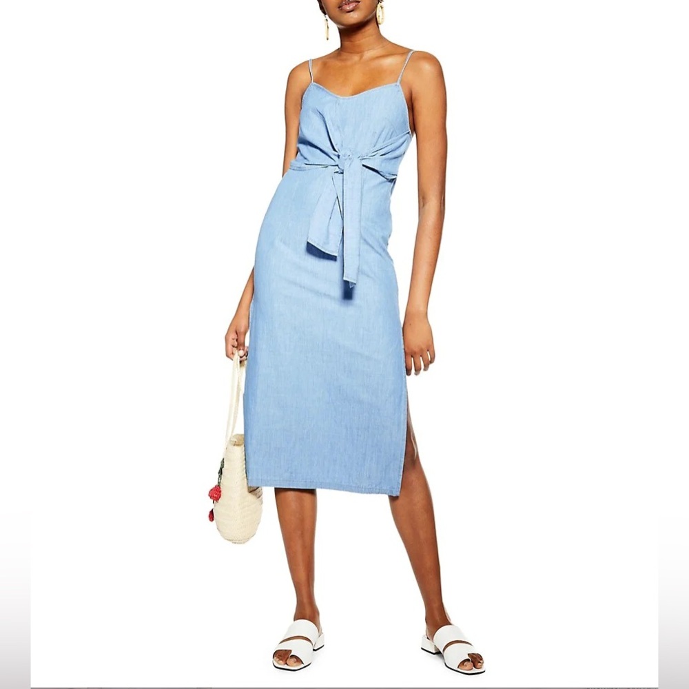 Light Blue Denim Topshop Tie Front Midi Dress with Side Slit US Size 6 - Picture 1 of 9